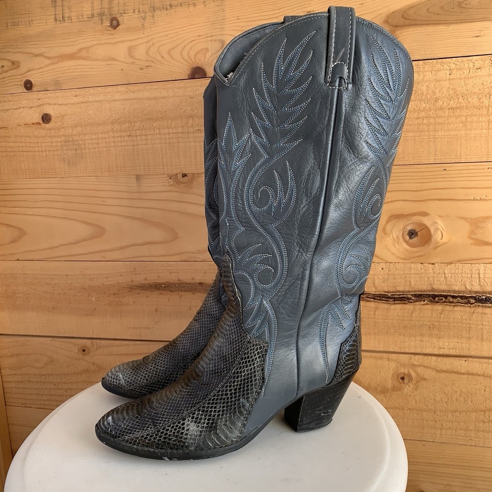 VTG Acme Women's Cowboy Western Boots 8N Snake 70s Grey Blue Stitch *Wear* - Picture 2 of 10